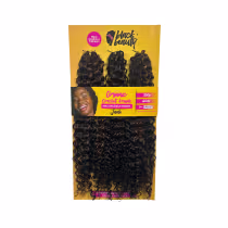 Pacote de extensões de cabelo cacheado da marca Black Beauty. O pacote contém várias mechas de cabelo cacheado e crespo, com uma cor castanha brilhante.