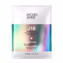 Máscara para cabelos danificados e quimicamente tratados da linha J18 da Jacques Janine Professionnel, com complexo molecular biomimético J18. Embalagem branca com detalhes em cores holográficas.