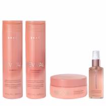 Conjunto de produtos de beleza da marca Braé, incluindo shampoo, condicionador e óleo para cabelos em embalagens de plástico laranja com detalhes em branco e rosa.