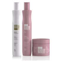 Três produtos da linha Fashion Gold: um frasco branco de 300g de Escova Progressiva, um frasco de 300ml de Shampoo e um pote de 250g de Máscara Pós-Progressiva