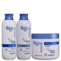 Kit com shampoo, condicionador e máscara capilar Real Rigen, da marca Alfaparf Milano.