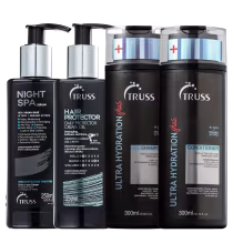 A imagem mostra um sérum noturno, um frasco de shampoo e condicionador e um leave-in. Os produtos são apresentados em frascos plásticos pretos e prata, exibindo os logotipos e descrições da marca Truss.
