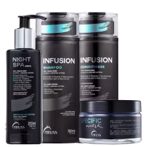 A imagem mostra um shampoo, um condicionador, um sérum noturno e uma máscara capilar da marca Truss. Todos os produtos apresentam rótulos pretos elegantes com detalhes em branco e um toque de cor turquesa.