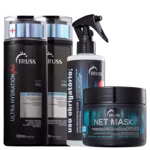 A imagem mostra uma linha de produtos capilares da marca Truss. Ela apresenta um frasco de shampoo, condicionador, um frasco spray com tratamento capilar e um pote com máscara capilar. Todos com rótulos pretos, elegantes e com detalhes em azul.