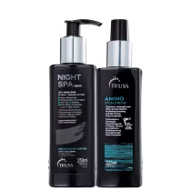 A imagem mostra dois produtos de beleza da marca Truss. O primeiro é um sérum noturno e o segundo é um protetor térmico.
 Ambos os produtos possuem embalagens elegantes, com detalhes em preto, prata e azul.