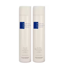 A imagem mostra shampoo e condicionador Real Liss de 300ml cada, da marca MAB by Alfaparf Milano. São duas embalagens cilíndricas, na cor branca com o nome da linha e da marca em azul. Traz a indicação de resultado de lisos sem frizz.