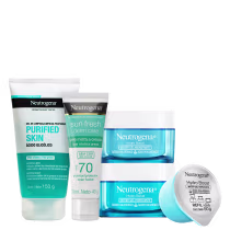 A imagem mostra um kit com quatro produtos da marca Neutrogena. Um gel de limpeza profunda e um protetor solar facial, ambos com embalagem branca e verde, e um hidratante facial em gel numa embalagem azul com tampa branca, com refil em formato redondo.