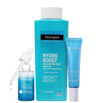 O imagem mostra um kit com 3 produtos Neutrogena da linha Hydro Boost. Um frasco grande, no meio, de hidratante corporal, na esquerda um frasco menor azul com o aplicador acima e na direita uma bisnaga pequena azul, com tampa branca para a área dos olhos.