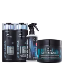 A imagem mostra um kit com 4 embalagens de produtos da marca TRUSS. São dois frascos grandes de Shampoo e Condicionador, um borrifador plástico preto com fundo azulado e um pote preto arredondado também com fundo azulado.