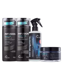 A imagem mostra um kit com 4 produtos da marca TRUSS. São 2 frascos plásticos grandes pretos, de shampoo e condicionador, com embalagem escrito em cinza e azul, um borrifador plástico preto com fundo azulado e um pote pequeno preto arredondado.