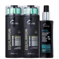 A imagem mostra três produtos da marca TRUSS, com dois frascos pretos de shampoo e condicionador da linha Equilibrium, todo preto com o nome da linha em amarelo claro e do lado direito, um frasco de spray preto com detalhes em azul.