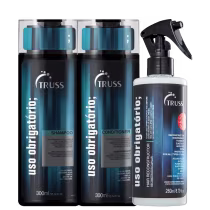 A imagem mostra produtos da marca Truss, da linha Uso Obrigatório. Há um shampoo e um condicionador, ambos de 300ml. Além disso, há um reconstrutor capilar, de 260ml.