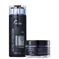 A imagem mostra dois produtos de cuidados capilares da marca Truss. O primeiro é um shampoo chamado "Ultra Hydration" em uma embalagem preta de 300ml. O segundo  é uma máscara capilar chamada "Specific Mask" em um pote transparente.