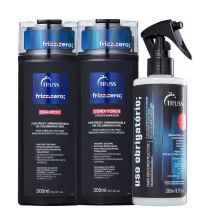 A imagem mostra uma linha de produtos para cabelos volumosos ou frizados da marca Truss, chamada "Frizz Zero". Além disso, o kit acompanha outro produto, "Uso Obrigatório", da mesma marca.