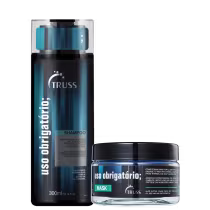 A imagem mostra dois produtos para cabelos da marca Truss. Sendo eles:
1- Shampoo Uso Obrigatório
2- Máscara Capilar Uso Obrigatório