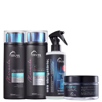 A imagem mostra uma variedade de produtos para cabelos da marca Truss. Há dois frascos pretos contendo shampoo e condicionador da linha "Miracle". Também há um reconstrutor capilar, "Uso Obrigatório". E por fim, uma máscara de tratamento "Specific".