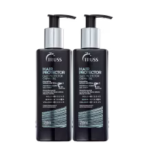 A imagem mostra dois frascos do Hair Protector da marca Truss. Os frascos são pretos com detalhes prateados e têm uma bomba dosadora preta na parte superior.