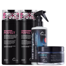 A imagem mostra produtos da Truss: "Shampoo Perfect" e "Condicionador Perfect" em frascos pretos para todos os tipos de cabelo, um reconstrutor "Uso Obrigatório" e a máscara "Specific Mask", todos com detalhes rosa e flores.