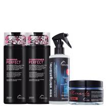 A imagem mostra quatro produtos capilares da Truss: shampoo e condicionador "Perfect", um reconstrutor capilar "Uso Obrigatório" e uma máscara "Miracle Summer". Os produtos têm design moderno com detalhes florais em rosa e preto.