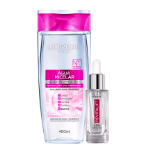 Mostra 2 produtos da L'Oréal Paris: uma Água Micelar 5 em 1 (400ml) que limpa, demaquila, purifica, tonifica e suaviza sem enxágue; e um frasco de Revitalift 1.5%, ácido hialurônico para rejuvenescimento. As embalagens têm design moderno em rosa e branco.