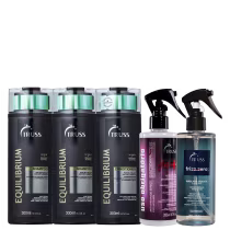 A imagem mostra produtos da Truss: São dois shampoos e um condicionador Equilibrium, um tratamento "Frizz Zero" e a o reconstrutor "Uso Obrigatório Plus".
