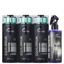 A imagem mostra produtos da Truss: São dois shampoos e um condicionador Equilibrium e um reconstrutor "Uso Obrigatório Blond".
