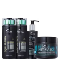 A imagem mostra produtos da Truss: São dois shampoos e um condicionador Equilibrium, um protetor térmico "Hair Protector" e uma máscara "Net Mask".