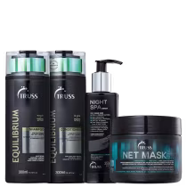 A imagem mostra produtos da Truss: São dois shampoos e um condicionador Equilibrium, uma máscara "Net Mask" e um sérum de tratamento "Night SPA".