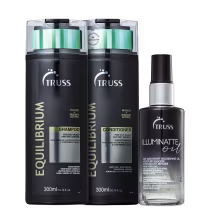 A imagem mostra uma linha de produtos para cabelos da marca Truss. São eles:
- Shampoo Equilibrium
- Condicionador Equilibirum
- Óleo Capilar Illuminatte Oil