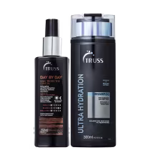 A imagem mostra uma linha de produtos para cabelos da marca Truss. São eles:
- Shampoo Ultra Hydration 
- Leave-in Day By Day