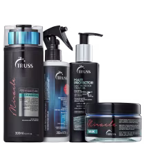 A imagem mostra uma linha de produtos para cabelos da marca Truss. São eles:
- Shampoo Miracle
- Máscara Capilar Miracle
- Reconstrutor Capilar Uso Obrigatório
- Leave-in Hair Protector