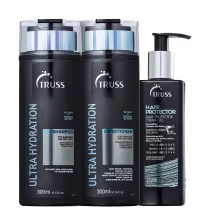 A imagem mostra Shampoo e Condicionador Ultra Hydration 300ml e o leave-in Hair Protector 250ml, da marca TRUSS. Os frascos são pretos com detalhes em azul e prata.