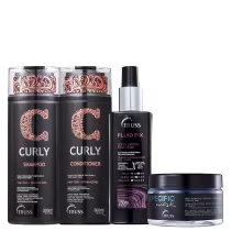A imagem mostra produtos da marca TRUSS: shampoo e condicionador "Curly" de 300ml cada, o ativador de cachos "Fluid Fix" de 250ml e a máscara "Specific Mask" de 180g. As embalagens têm design elegante, cor preta e detalhes em roxo, azul e laranja