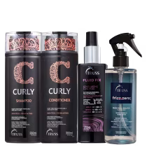 A imagem mostra produtos da marca TRUSS: shampoo e condicionador de 300ml, ativador de cachos Fluid Fix de 250ml e máscara líquida Frizz Zero de 260ml. Os frascos apresentam design elegante, cor predominantemente preta.