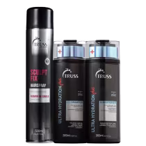 A imagem mostra produtos para cabelos da marca Truss lado a lado. Os produtos apresentados são: Sculpt Fix Hairspray em lata preta de 500ml que promete fixação extra forte. Shampoo e Condicionador Ultra Hydration Plus, ambos em embalagem preta de 300ml.