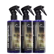 A imagem mostra 3 embalagens do Uso Obrigatório Blond dispostos lado a lado. O frasco é em spray 260ml com tampa preta e rótulo dourado com letras brancas.