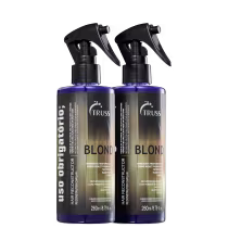 A imagem mostra 2 embalagens do Uso Obrigatório Blond dispostos lado a lado. O frasco é em spray 260ml com tampa preta e rótulo dourado com letras brancas.