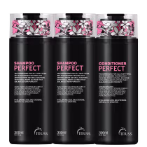 A imagem mostra dois shampoos e um condicionador TRUSS Perfect dispostos lado a lado, em embalagens pretas de 300ml com letras brancas e rosa e desenhos de flores na tampa.