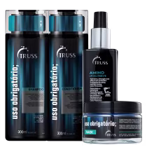 A imagem mostra shampoo, condicionador e máscara da linha Uso Obrigatório, mais o protetor térmico Amino. Todos os produtos estão lado a lado e possuem embalagem preta, com rótulo em detalhes azuis e letras brancas.