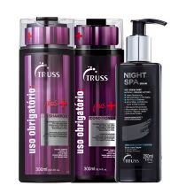 A imagem traz shampoo e condicionador Uso Obrigatório Plus, com embalagem preta e rótulo rosa com letras em branco e vermelho; mais o sérum Night Spa, em embalagem preta com rótulo em letras brancas e detalhes azuis.