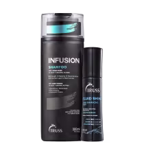 A imagem mostra um shampoo e um spray capilar da marca Truss.  Ambos os produtos têm um design moderno e sofisticado, com embalagens pretas e detalhes em tons de azul turquesa.