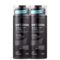 A imagem mostra dois frascos de condicionador da marca Truss, chamado "Infusion Conditioner". Os frascos são pretos e têm detalhes em azul claro e metalizado. Cada frasco contém 300ml do produto.