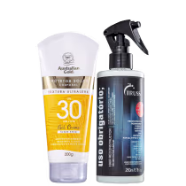 A imagem mostra dois produtos: um é um protetor solar corporal embalagem de tubo plástico branco e amarelo.  O outro produto é um spray de reconstrução intensiva em uma embalagem plástica transparente com detalhes azuis e pretos.