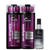 A imagem traz 3 produtos: shampoo e condicionador 300ml em embalagem preta com detalhes rosa e vermelho, e óleo capilar 60ml, com embalagem spray base transparente e parte superior preta.