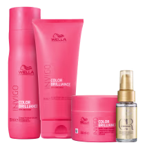 Produtos de cuidado capilar da linha Color Brilliance da Wella Professionals. Inclui um shampoo, um condicionador, uma máscara e um óleo capilar Oil Reflections, em frasco dourado de 30ml.