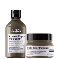 A imagem mostra dois produtos da linha L'Oréal Professionnel Série Expert Absolut Repair Molecular: um shampoo em um frasco marrom com tampa preta, contendo 300ml e uma máscara capilar em um pote plástico marrom com tampa preta, contendo 250ml.