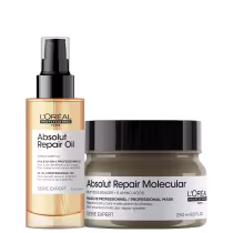 A imagem mostra dois produtos da L'Oréal Professionnel: óleo reparador "Absolut Repair Oil", com um líquido dourado e embalagem preta e dourada. O outro é um pote maior de máscara reparadora chamada "Absolut Repair Molecular", com embalagem marrom.