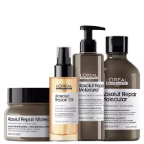 A imagem mostra produtos da marca L'Oréal Professionnel. Há 4 itens: um frasco de shampoo marrom, um frasco de leave-in marrom, um frasco marrom de máscara capilar com tampa preta, um frasco de óleo capilar com tom dourado.