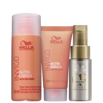 A imagem mostra três produtos da Wella. O primeiro é o shampoo Nutri-Enrich de 50ml com a cor laranja. O segundo é a máscara Nutri-Enrich de 30ml tom laranja. O terceiro é o óleo Oil Reflections Light 30ml, embalagem transparente com detalhes em dourado.