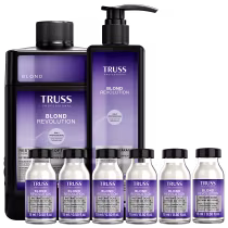 Kit com shampoo, máscara e ampolas capilares Blond Revolution da marca TRUSS.